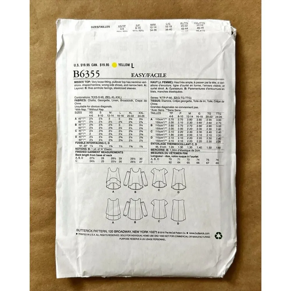 UNCUT Butterick B6355 Women’s Sewing Patterns Lrg-Xlrg-Xxl